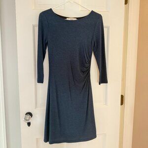 Ann Talor Petite rouched-waist 3/4-sleeve blue stretch sheath midi dress